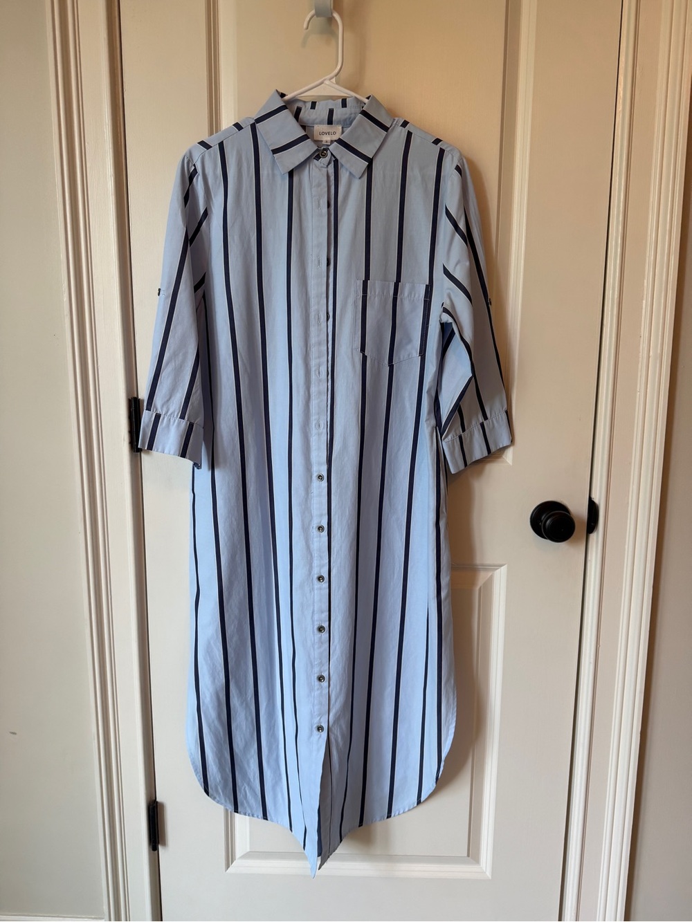 Lovelo Sky Blue and Navy Vertical Stripe Midi Shirt Dress